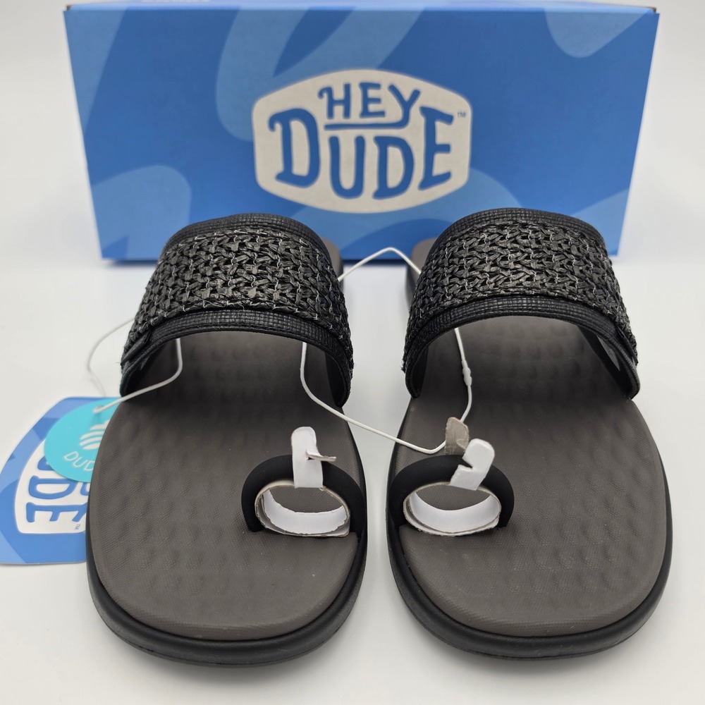 Hey Dude Maui Breeze Toe Loop Sandals Black Woven Slides Womens Size 7, NWB